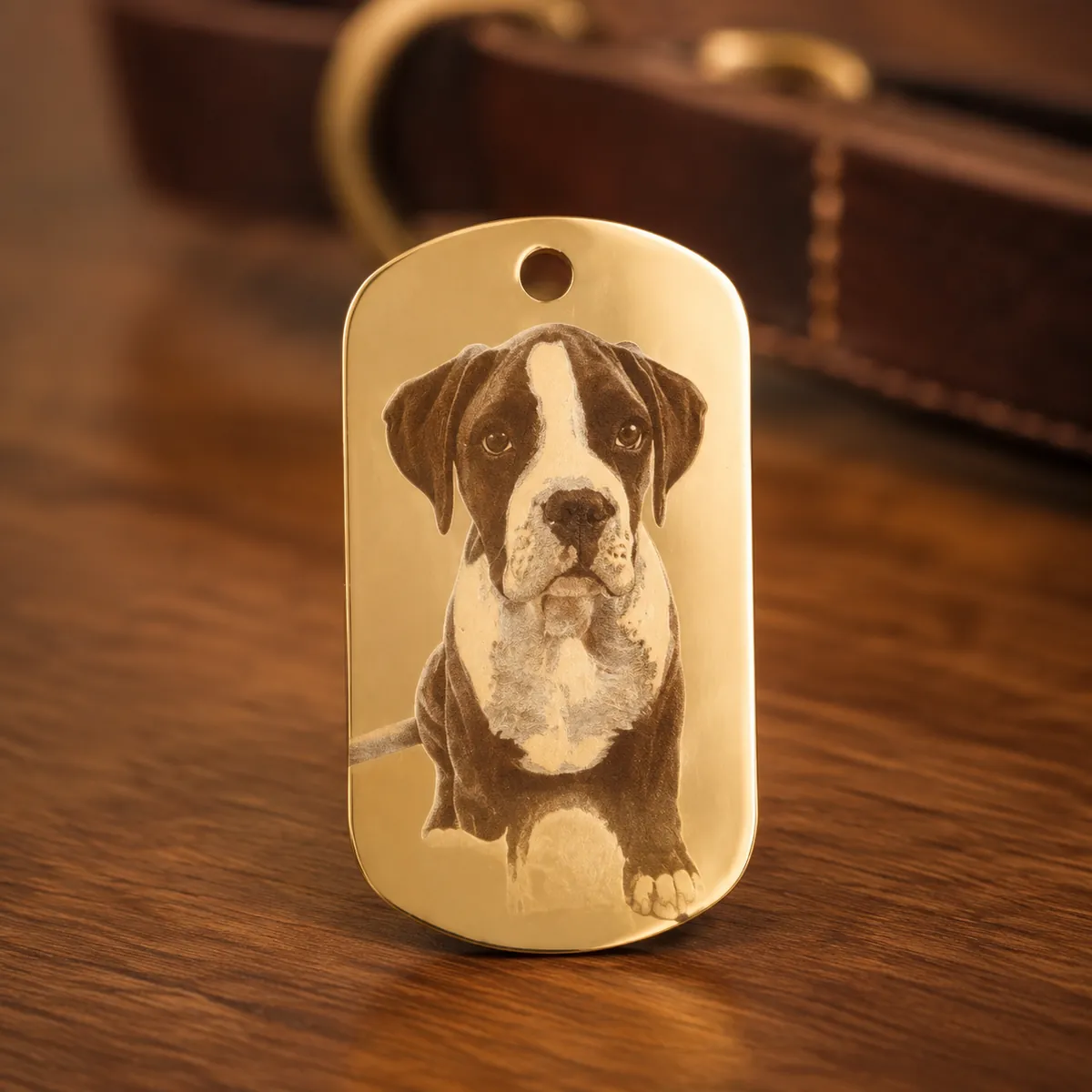 Placa dorada con fotograbado de un perro